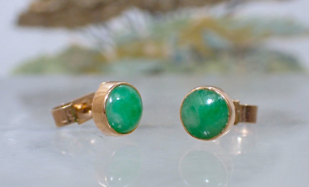 SOLD/Edwardian Natural Green Jadeite Jade 18ct gold stud earrings View IV