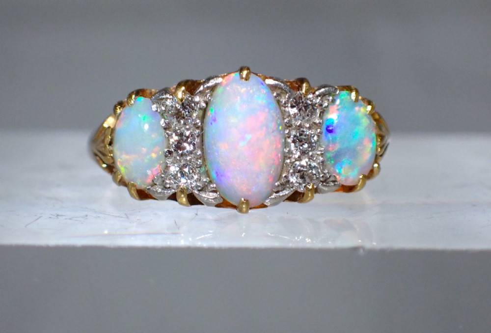 Sold to Kevin / Antique Edwardian natural Opal and Diamond 18ct gold ring View IV