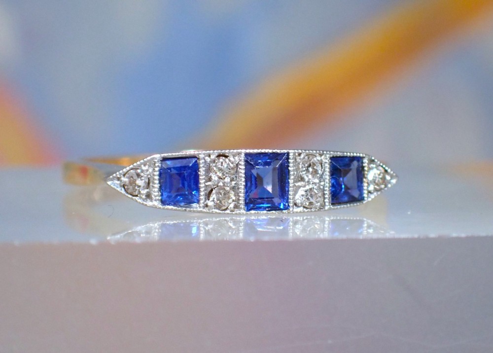 An Original Period Art Deco 18 ct gold & Platinum Diamond and Sapphire Ring View II