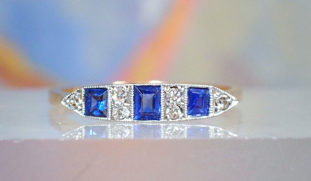 An Original Period Art Deco 18 ct gold & Platinum Diamond and Sapphire Ring View IV
