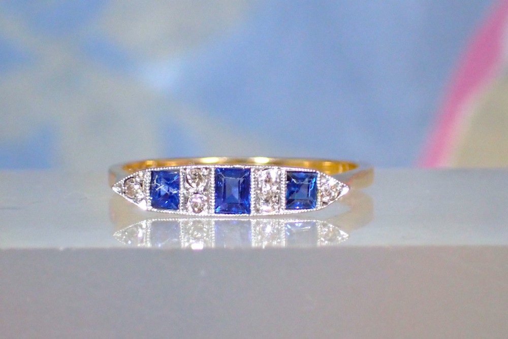 An Original Period Art Deco 18 ct gold & Platinum Diamond and Sapphire Ring View VI