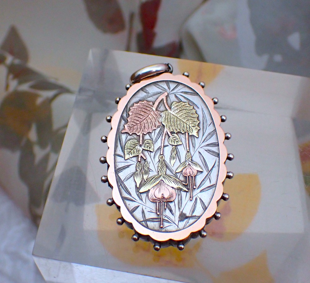 RESERVED/Victorian Sterling Silver Locket: 9ct Gold Fushia design
