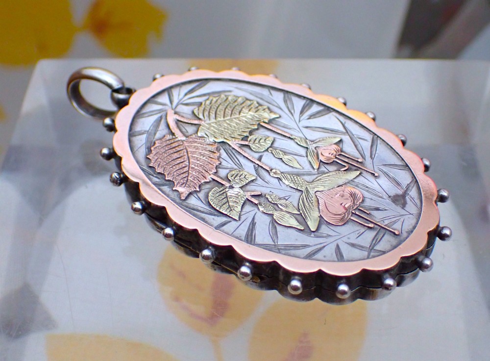 RESERVED/Victorian Sterling Silver Locket: 9ct Gold Fushia design View II