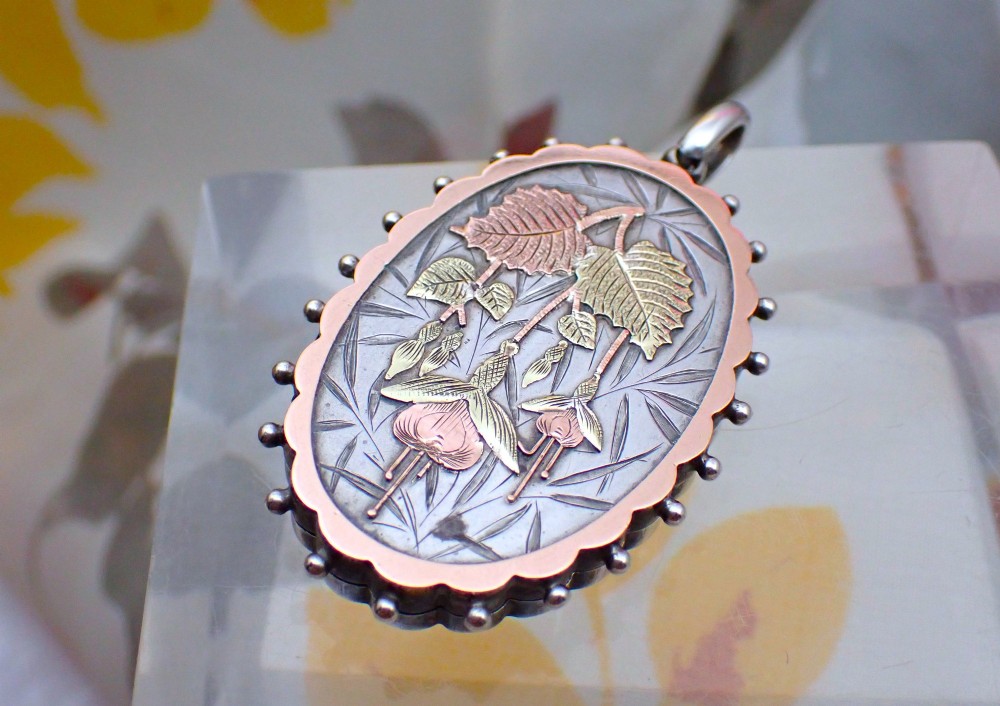 RESERVED/Victorian Sterling Silver Locket: 9ct Gold Fushia design View III