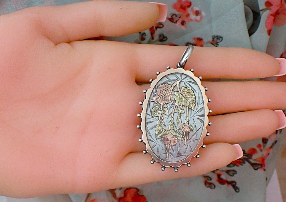 RESERVED/Victorian Sterling Silver Locket: 9ct Gold Fushia design View V