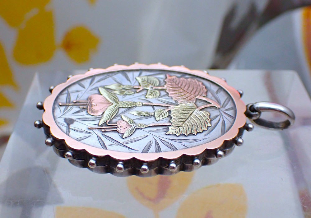 RESERVED/Victorian Sterling Silver Locket: 9ct Gold Fushia design View VII