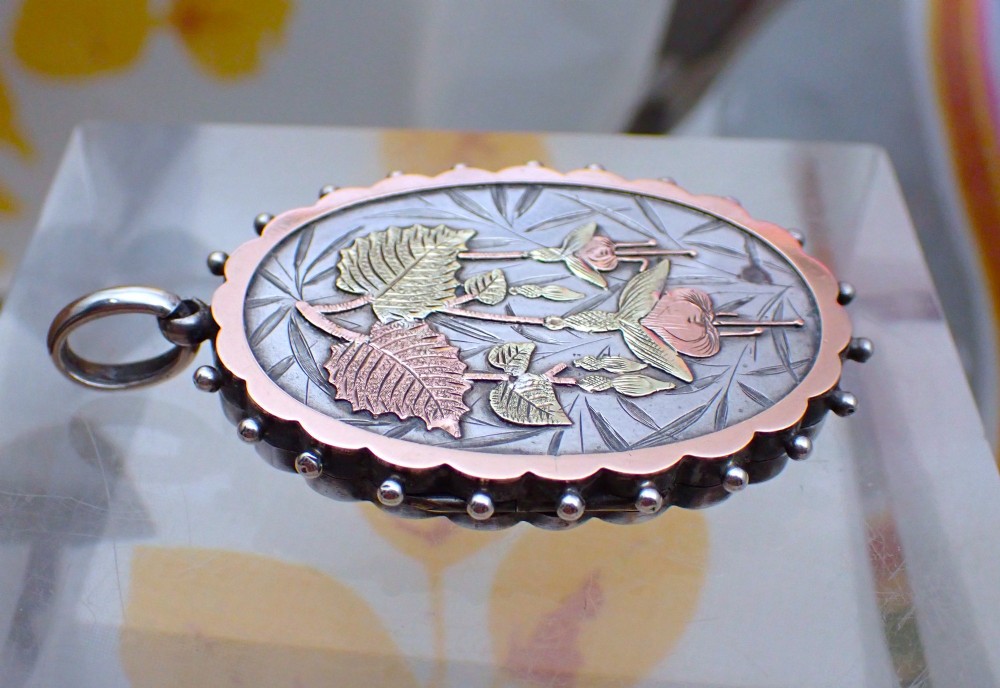 RESERVED/Victorian Sterling Silver Locket: 9ct Gold Fushia design View VIII