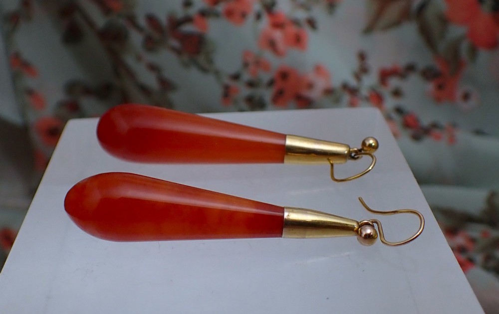 RESERVED for K/Art Deco Carnelian 9ct gold drop torpedo earrings View II