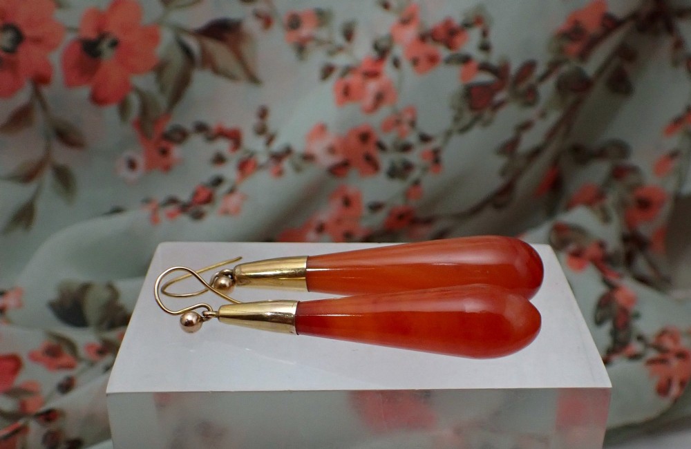RESERVED for K/Art Deco Carnelian 9ct gold drop torpedo earrings View III