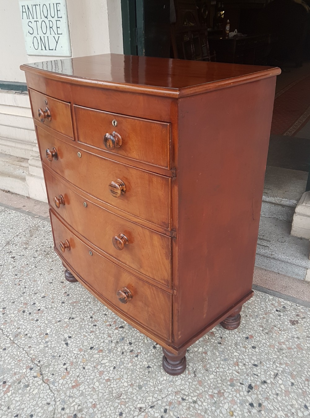 VICTORIAN BOW FRONTED CHEST OF DRAWERS  View III