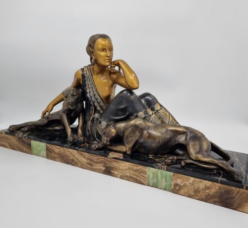 ART DECO SCULPTURE NUDE LADY WITH TWO PANTHERS BY GODARD - ADDITIONAL PHOTO 2