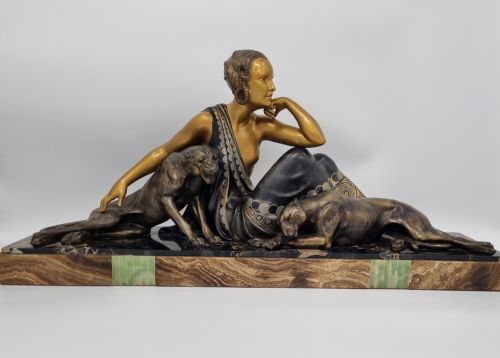 art deco sculpture nude lady with two panthers by godard - CATEGORY: ANTIQUE SCULPTURES - DATED 1930