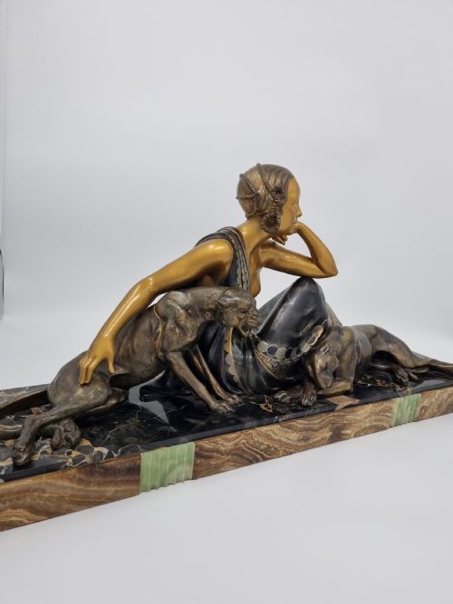 ART DECO SCULPTURE NUDE LADY WITH TWO PANTHERS BY GODARD - ADDITIONAL PHOTO 4