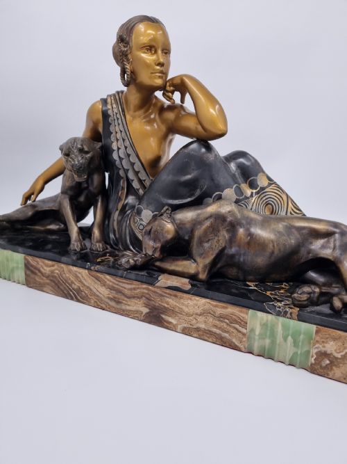 ART DECO SCULPTURE NUDE LADY WITH TWO PANTHERS BY GODARD - ADDITIONAL PHOTO 7