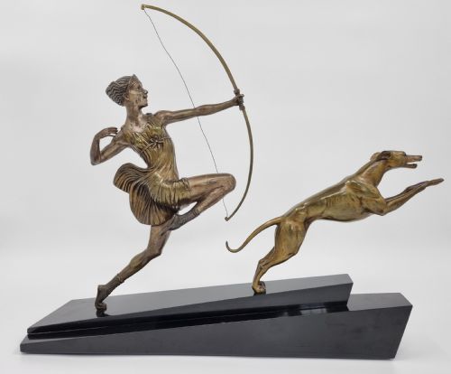 ART DECO BRONZE SCULPTURE DIANA THE HUNTRESS BY BOURQUET BOURAINE - ADDITIONAL PHOTO 1
