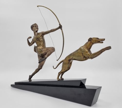 ART DECO BRONZE SCULPTURE DIANA THE HUNTRESS BY BOURQUET BOURAINE - ADDITIONAL PHOTO 2