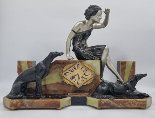 art deco clock lady and greyhounds by uriano - CATEGORY: ANTIQUE CLOCKS - DATED 1920