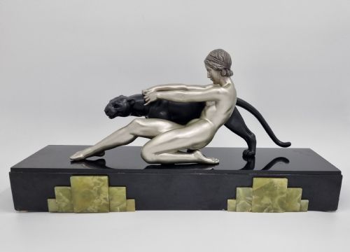 art deco sculpture nude lady with panther by ouline - CATEGORY: ANTIQUE SCULPTURES - DATED 1930