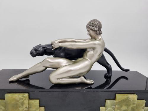 ART DECO SCULPTURE NUDE LADY WITH PANTHER BY OULINE - ADDITIONAL PHOTO 1