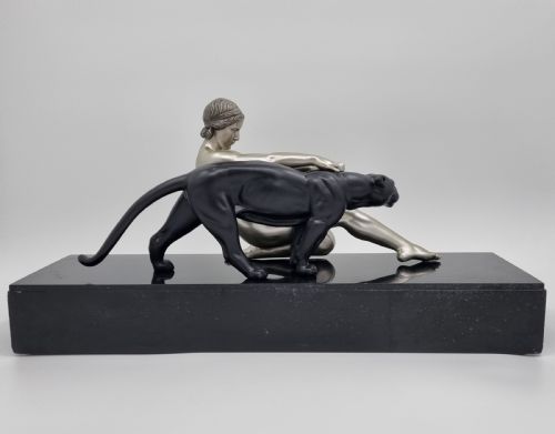 ART DECO SCULPTURE NUDE LADY WITH PANTHER BY OULINE - ADDITIONAL PHOTO 5