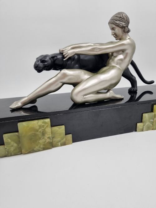 ART DECO SCULPTURE NUDE LADY WITH PANTHER BY OULINE - ADDITIONAL PHOTO 2