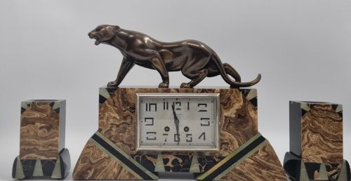 art deco clock figural clock set with bronze panther - CATEGORY: ANTIQUE CLOCKS - DATED 1930
