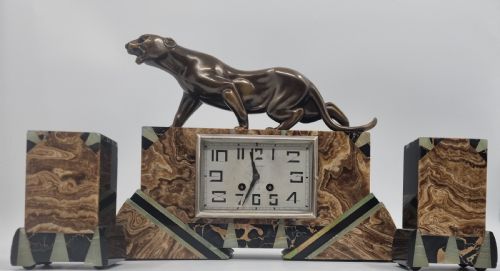 ART DECO CLOCK FIGURAL CLOCK SET WITH BRONZE PANTHER - ADDITIONAL PHOTO 1