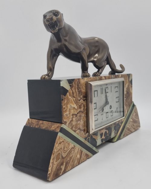 ART DECO CLOCK FIGURAL CLOCK SET WITH BRONZE PANTHER - ADDITIONAL PHOTO 3