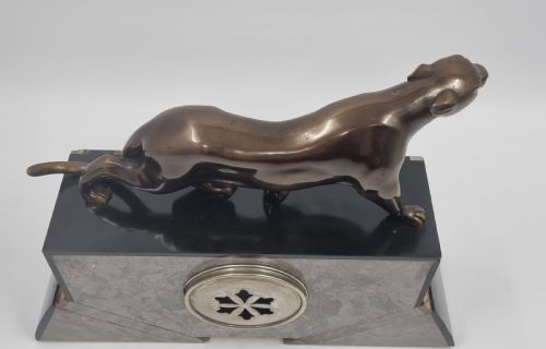 ART DECO CLOCK FIGURAL CLOCK SET WITH BRONZE PANTHER - ADDITIONAL PHOTO 4