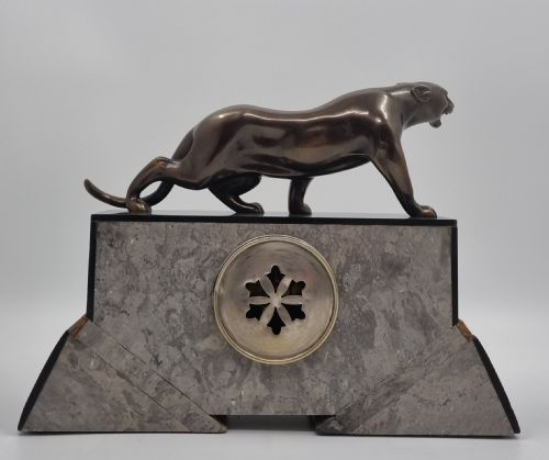 ART DECO CLOCK FIGURAL CLOCK SET WITH BRONZE PANTHER - ADDITIONAL PHOTO 5