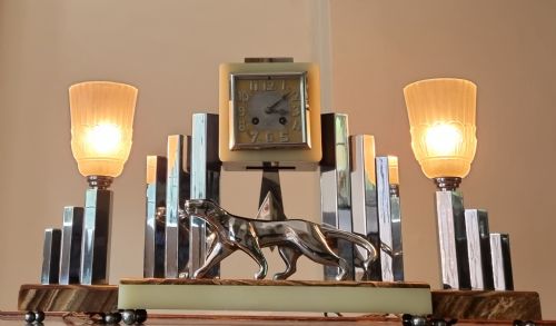 ART DECO CLOCK SET WITH BRONZE PANTHER BY DECOUX - ADDITIONAL PHOTO 1