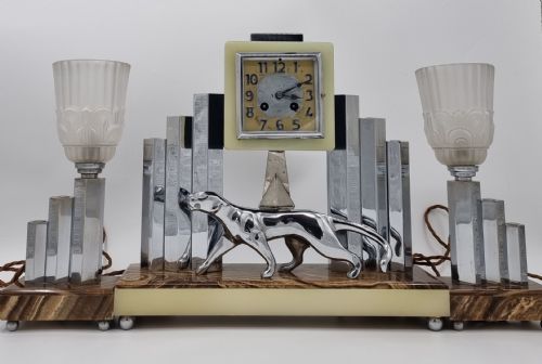 ART DECO CLOCK SET WITH BRONZE PANTHER BY DECOUX - ADDITIONAL PHOTO 2