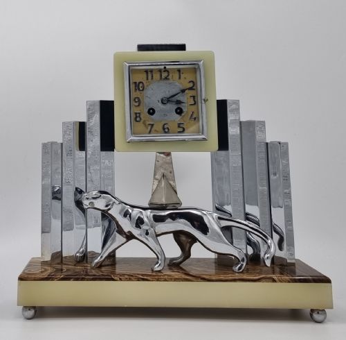 ART DECO CLOCK SET WITH BRONZE PANTHER BY DECOUX - ADDITIONAL PHOTO 3