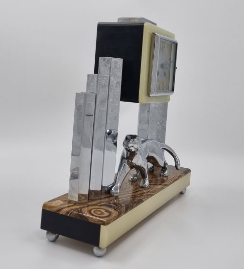 ART DECO CLOCK SET WITH BRONZE PANTHER BY DECOUX - ADDITIONAL PHOTO 4