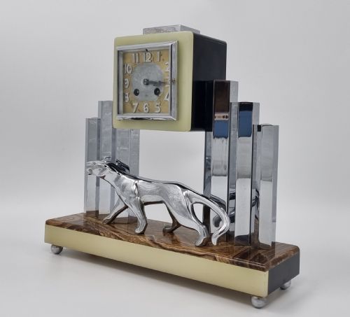 ART DECO CLOCK SET WITH BRONZE PANTHER BY DECOUX - ADDITIONAL PHOTO 5