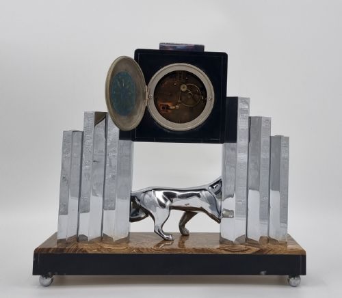 ART DECO CLOCK SET WITH BRONZE PANTHER BY DECOUX - ADDITIONAL PHOTO 7