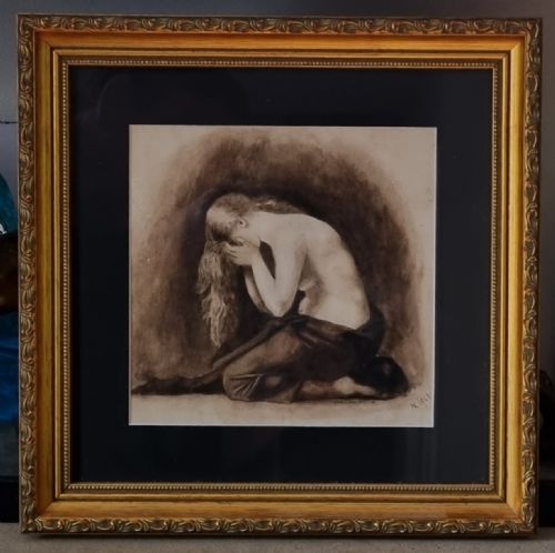preraphaelite watercolour seminude painting - CATEGORY: ANTIQUE ART - DATED 1900