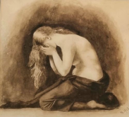 PRERAPHAELITE WATERCOLOUR SEMINUDE PAINTING - ADDITIONAL PHOTO 1