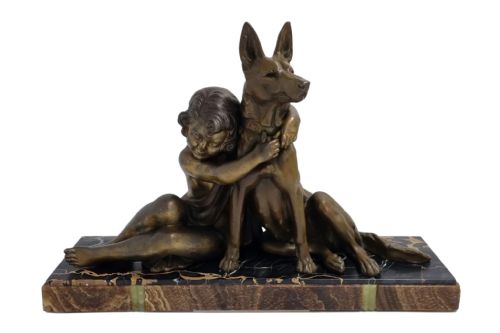 art deco sculpture child with a dog by godard c1930 - CATEGORY: ANTIQUE SCULPTURES - DATED 1930