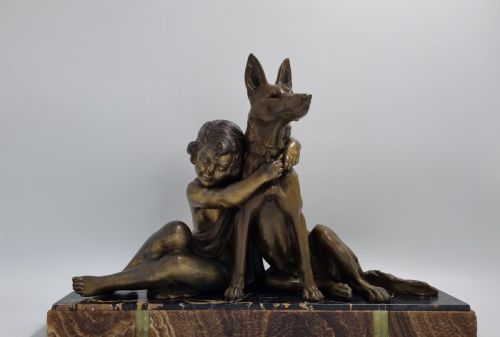 ART DECO SCULPTURE CHILD WITH A DOG BY GODARD C1930 - ADDITIONAL PHOTO 1