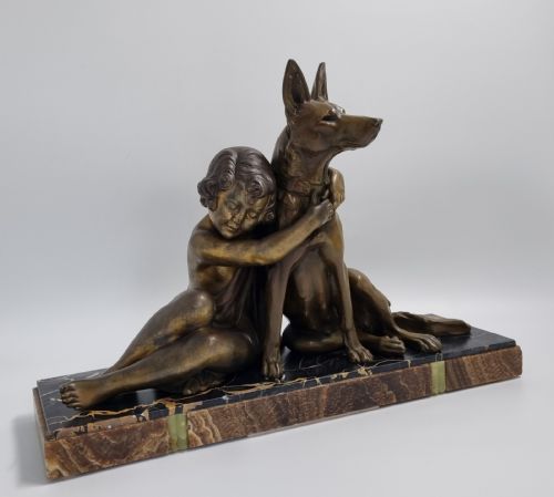 ART DECO SCULPTURE CHILD WITH A DOG BY GODARD C1930 - ADDITIONAL PHOTO 2