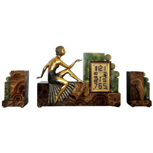 art deco clock set of cubist design with bronze lady circa 1930 - CATEGORY: ANTIQUE CLOCKS - DATED 1930
