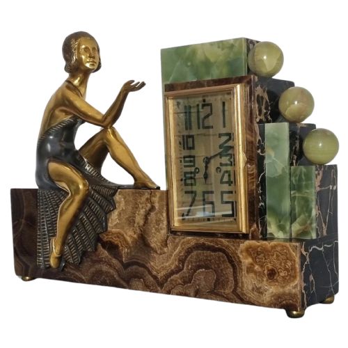 ART DECO CLOCK SET OF CUBIST DESIGN WITH BRONZE LADY CIRCA 1930 - ADDITIONAL PHOTO 9