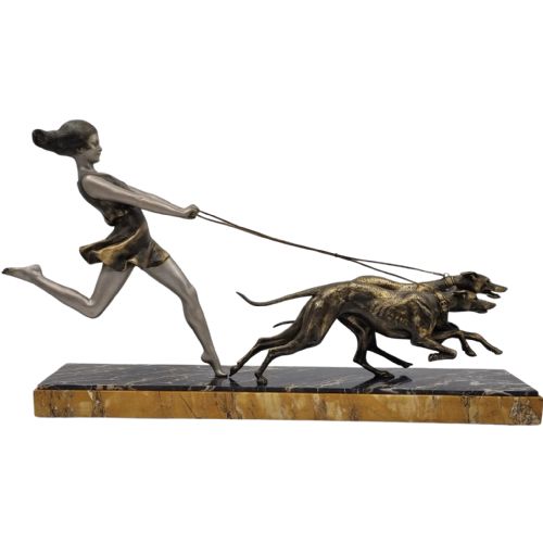 art deco sculpture young girl running with greyhounds signed geo maxim - CATEGORY: ANTIQUE SCULPTURES - DATED 1930