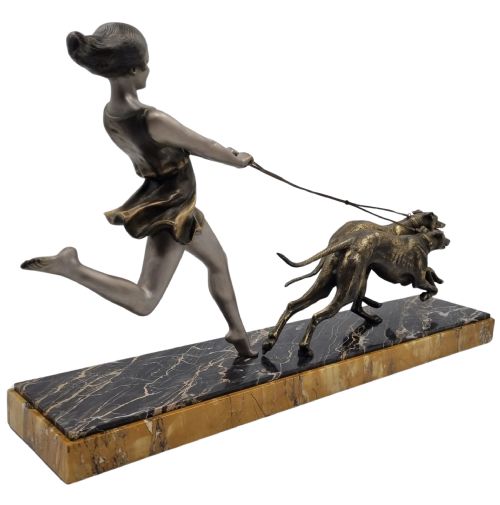 ART DECO SCULPTURE YOUNG GIRL RUNNING WITH GREYHOUNDS SIGNED GEO MAXIM - ADDITIONAL PHOTO 1