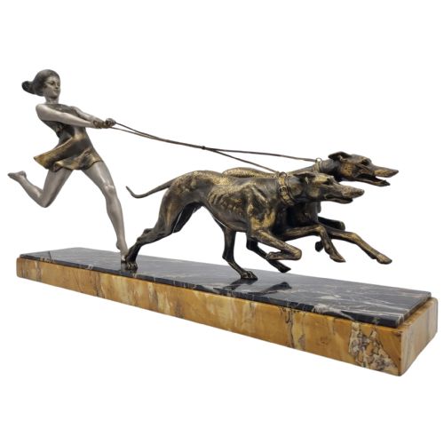 ART DECO SCULPTURE YOUNG GIRL RUNNING WITH GREYHOUNDS SIGNED GEO MAXIM - ADDITIONAL PHOTO 2
