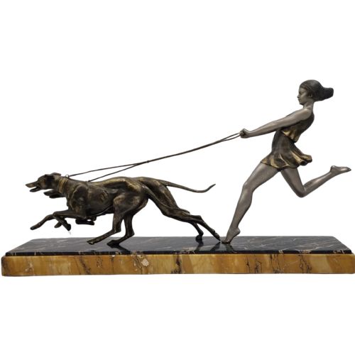 ART DECO SCULPTURE YOUNG GIRL RUNNING WITH GREYHOUNDS SIGNED GEO MAXIM - ADDITIONAL PHOTO 4