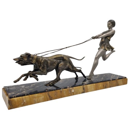 ART DECO SCULPTURE YOUNG GIRL RUNNING WITH GREYHOUNDS SIGNED GEO MAXIM - ADDITIONAL PHOTO 5
