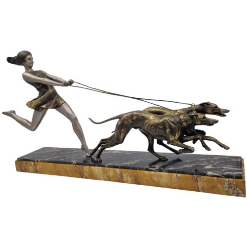 ART DECO SCULPTURE YOUNG GIRL RUNNING WITH GREYHOUNDS SIGNED GEO MAXIM - ADDITIONAL PHOTO 6