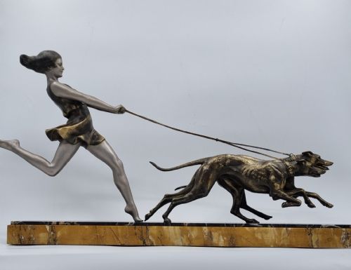 ART DECO SCULPTURE YOUNG GIRL RUNNING WITH GREYHOUNDS SIGNED GEO MAXIM - ADDITIONAL PHOTO 8